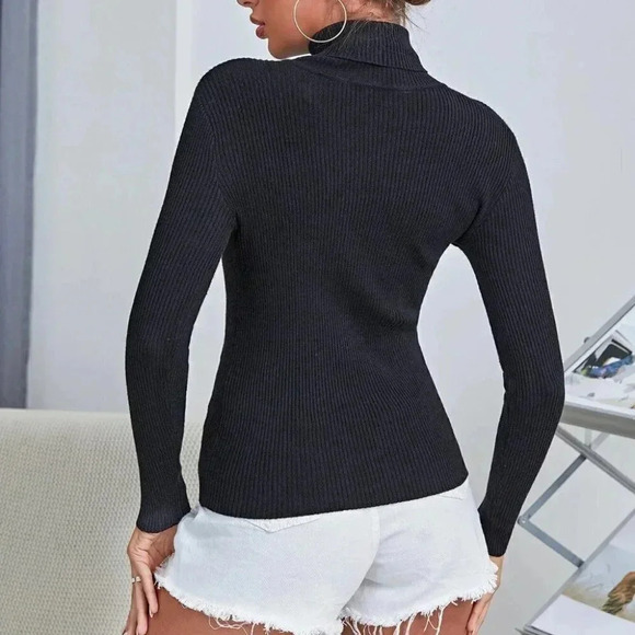 Black Preppy High Neck turtleneck Rib Knit Sweater top - Picture 2 of 6